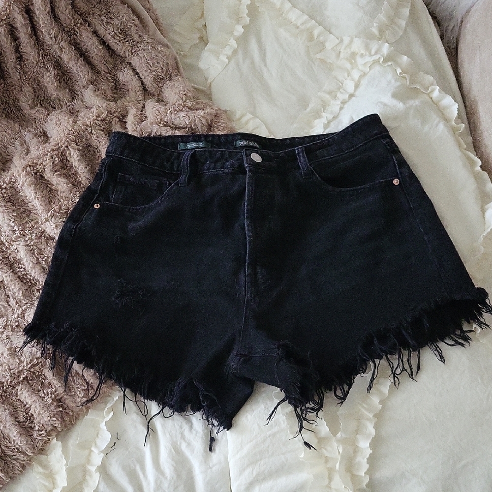 Trendy Black Distressed Denim Fringe Shorts